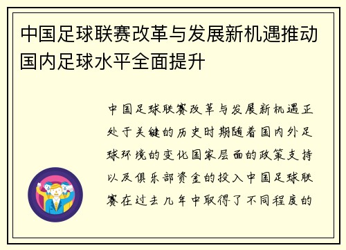 中国足球联赛改革与发展新机遇推动国内足球水平全面提升