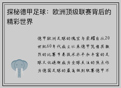 探秘德甲足球：欧洲顶级联赛背后的精彩世界