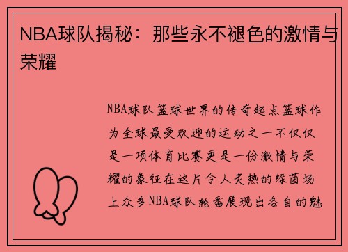 NBA球队揭秘：那些永不褪色的激情与荣耀