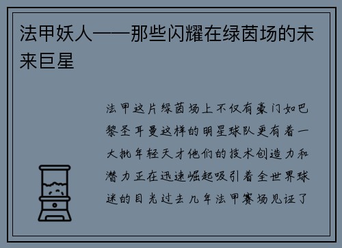 法甲妖人——那些闪耀在绿茵场的未来巨星