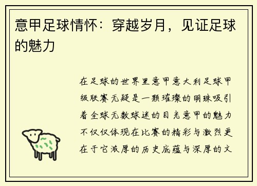 意甲足球情怀：穿越岁月，见证足球的魅力
