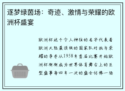 逐梦绿茵场：奇迹、激情与荣耀的欧洲杯盛宴